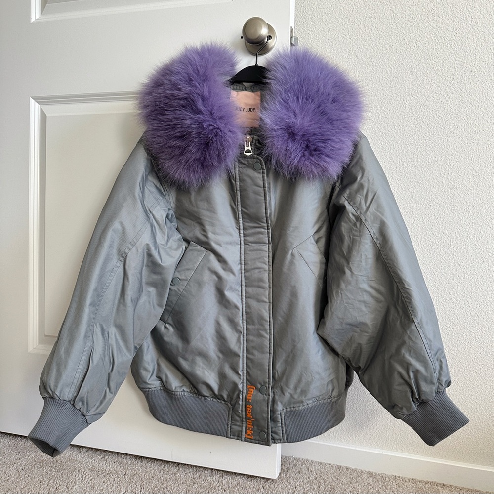 Real purple fox fur detachable collar puff jacket relaxed real down jacket